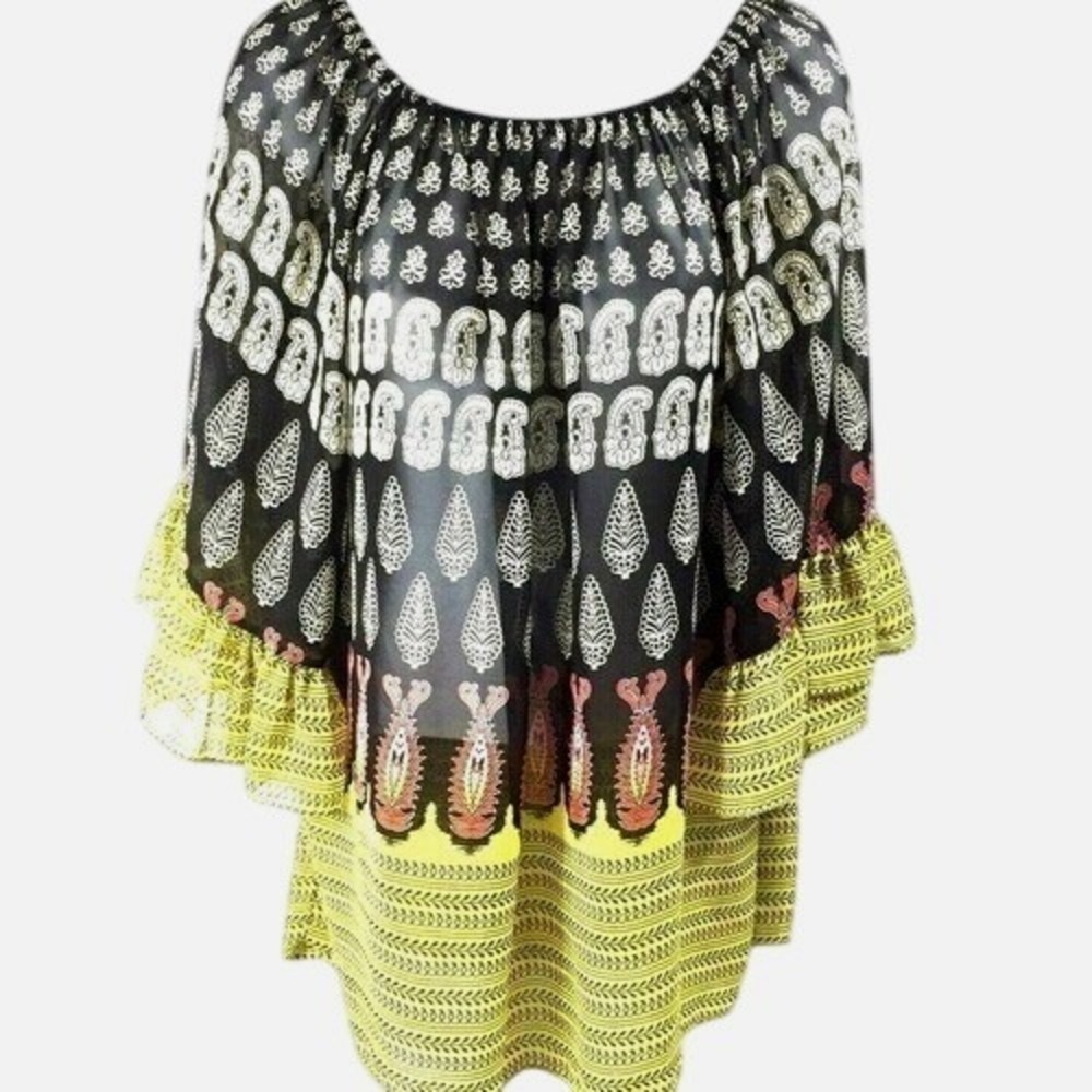 Emma Rose‎ Boho Top Womens Small Black Sheer Paisley Bell Ruffle Sleeve Hippie